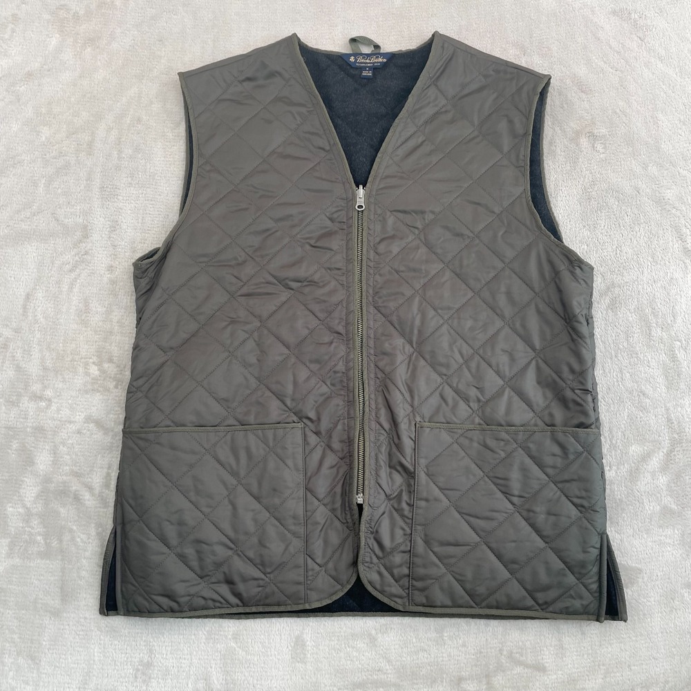 Brooks Brothers‎ Quilted Full Zip Vest Men Medium Green Pockets Wool Lined